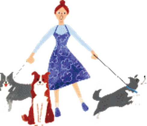 青いワンピースの女性と複数の犬のSOPRAオリジナルイラスト