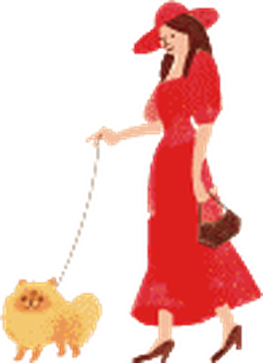 赤いワンピースの女性と小型犬のSOPRAオリジナルイラスト